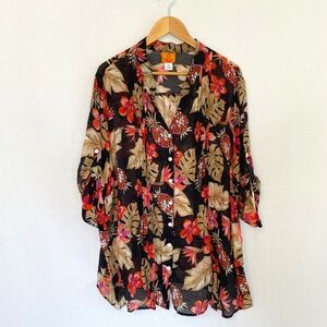 RUBY RD. Woman Size 3X Sophisticated Palette Tropical Print Button Up Semi Sheer